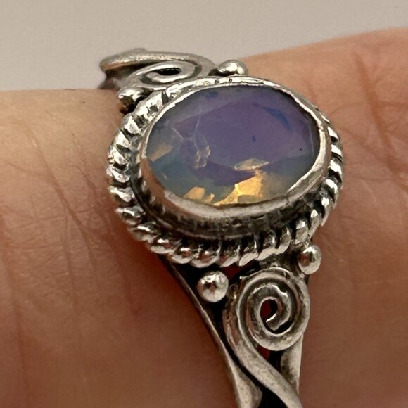 Sterling Silver 925 Rainbow Stone Ring Size 5.5 Artisan Scroll Design - Picture 12 of 13